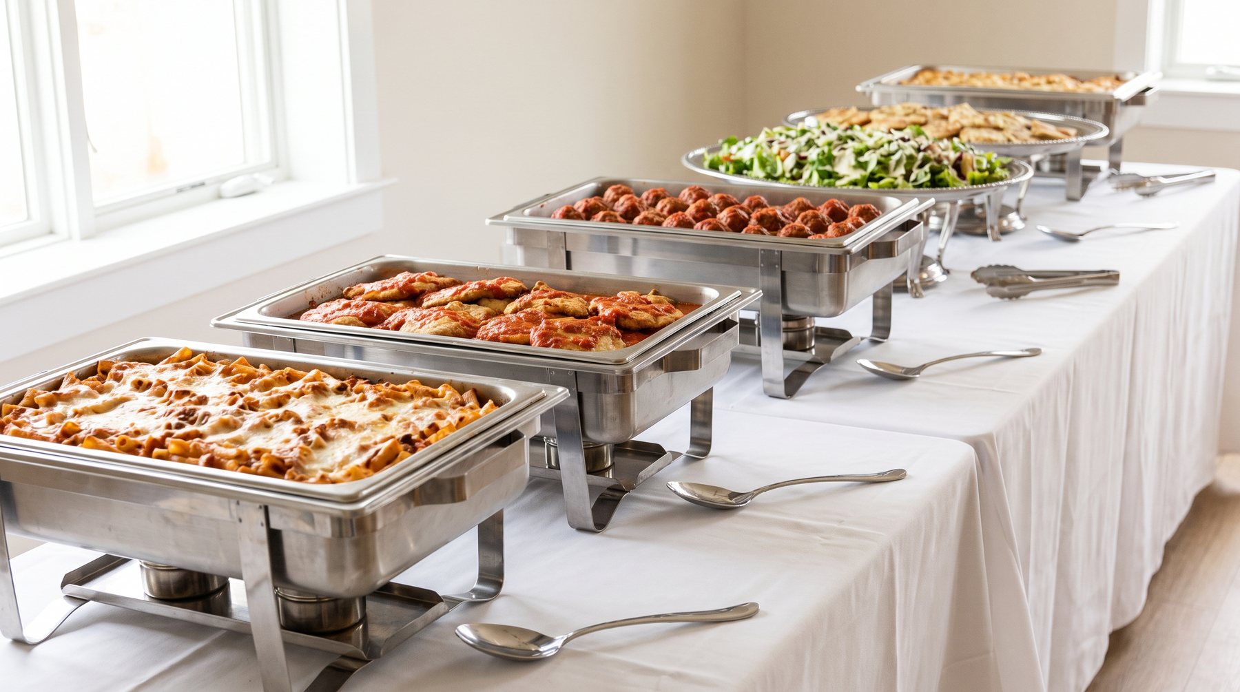 Catering trays of baked ziti, meatballs and salad