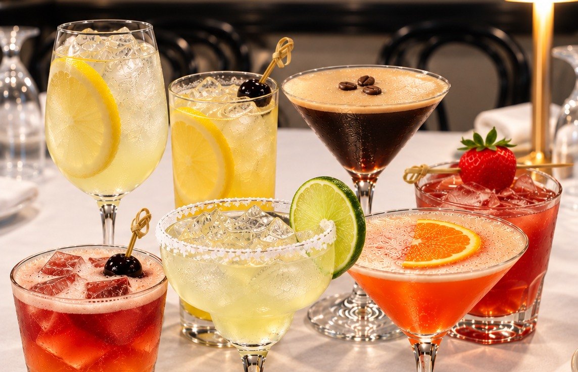 Specialty cocktails on a white tablecloth