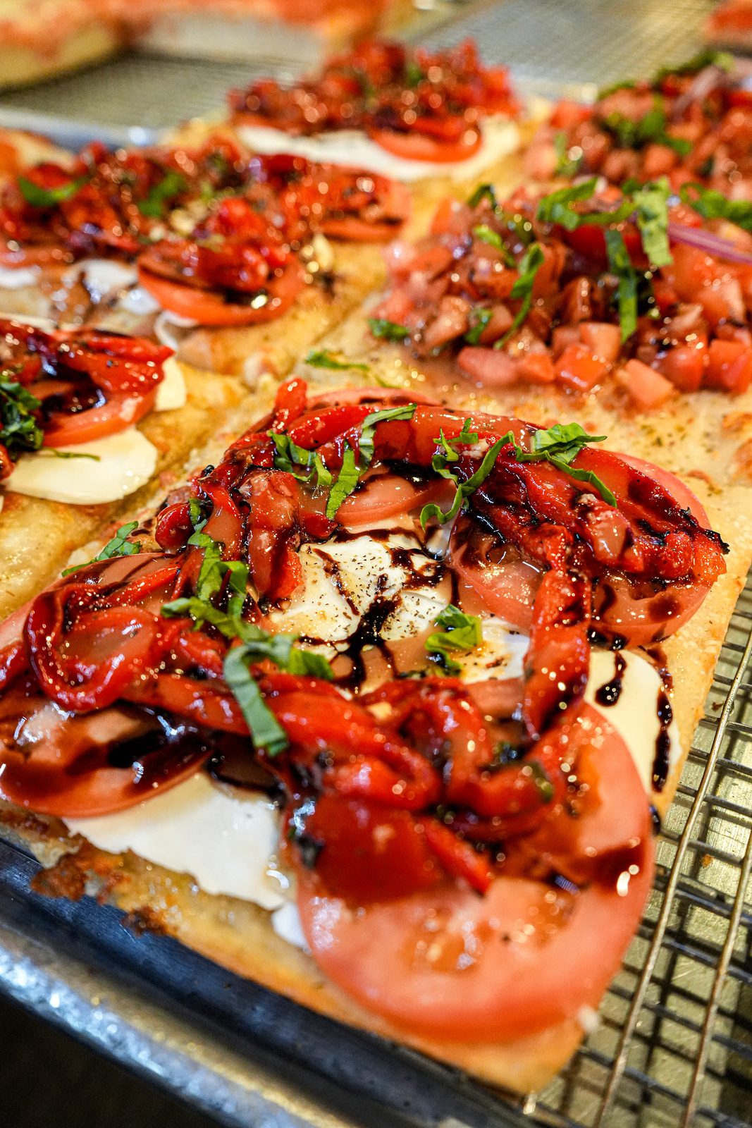 Bruschetta pie with tomato, basil and balsamic