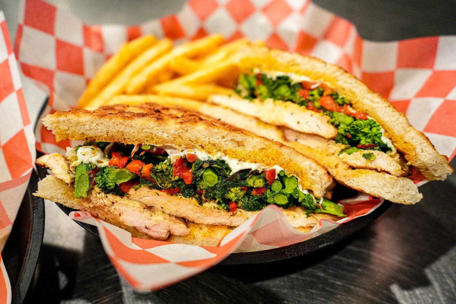 Grilled chicken panini with fries