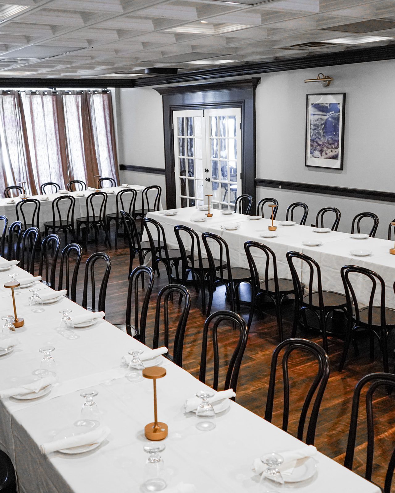 The party room set with long tables