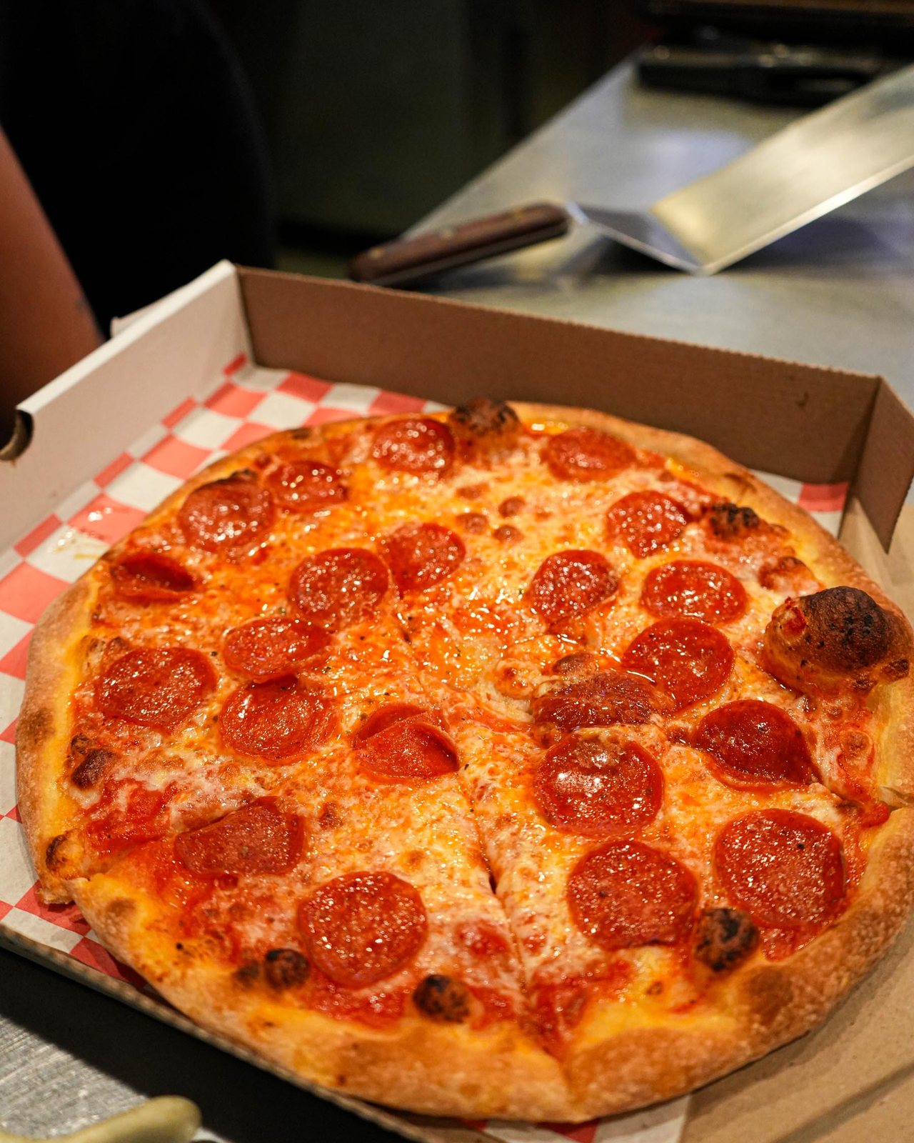 Pepperoni pie, boxed and ready to go