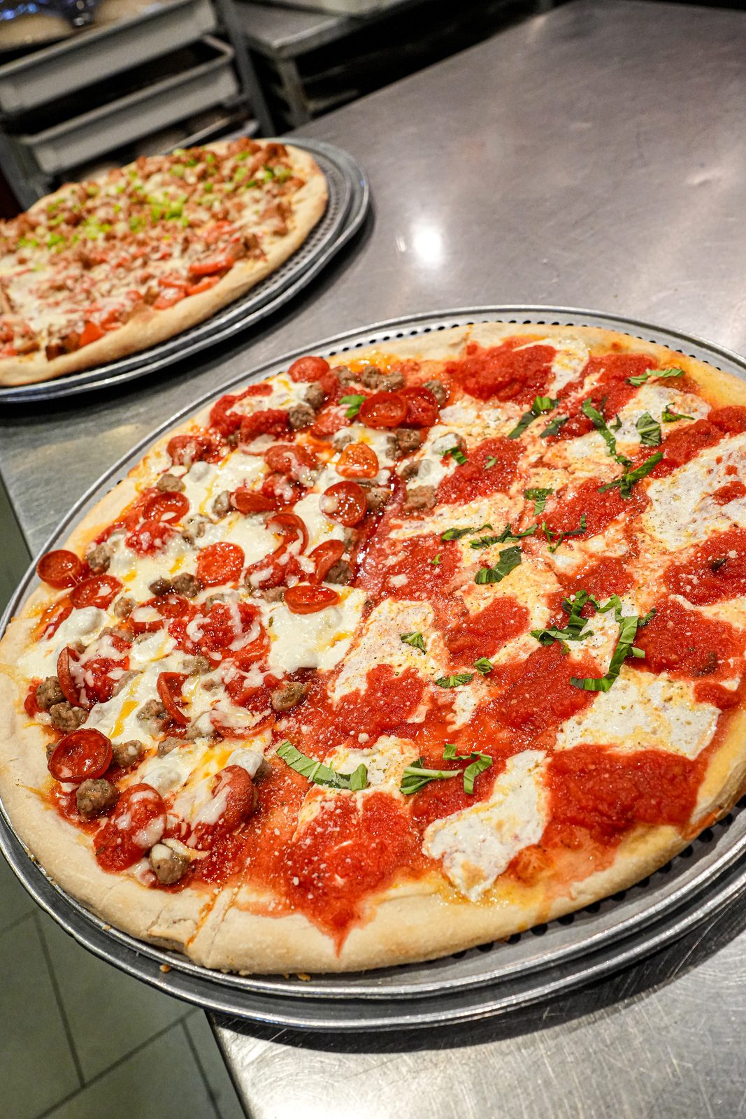 Pepperoni pie with fresh basil