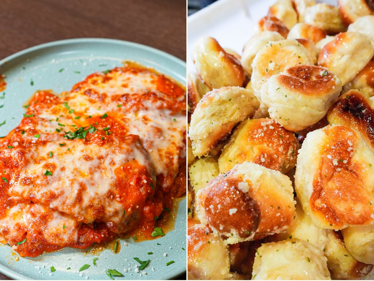 Chicken parm beside a pile of garlic knots